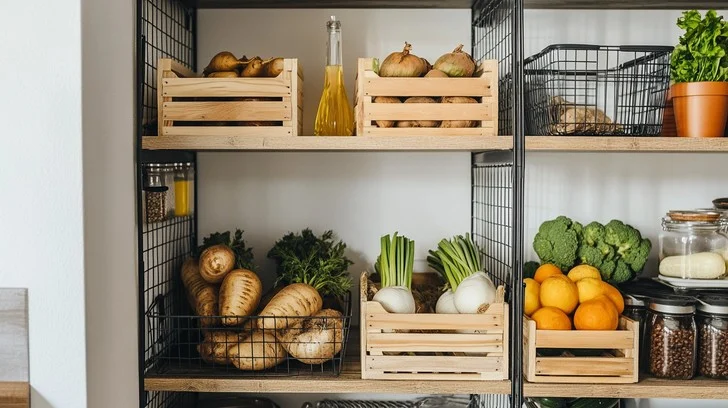Clean pantry shelves with labeled, sealed food containers