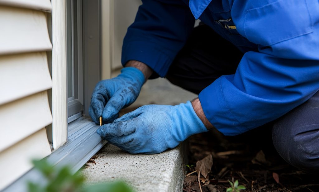 Pest control technician identifying and sealing entry points around residential foundation in Prosper, TX