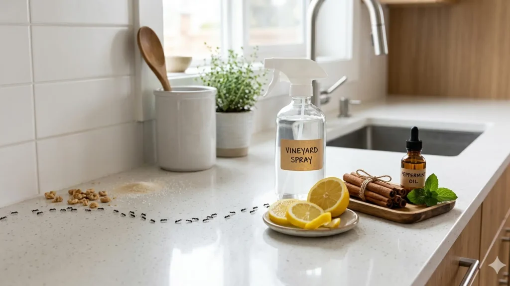 Natural home remedies attempted for ants control in Anna, TX kitchen showing limited effectiveness